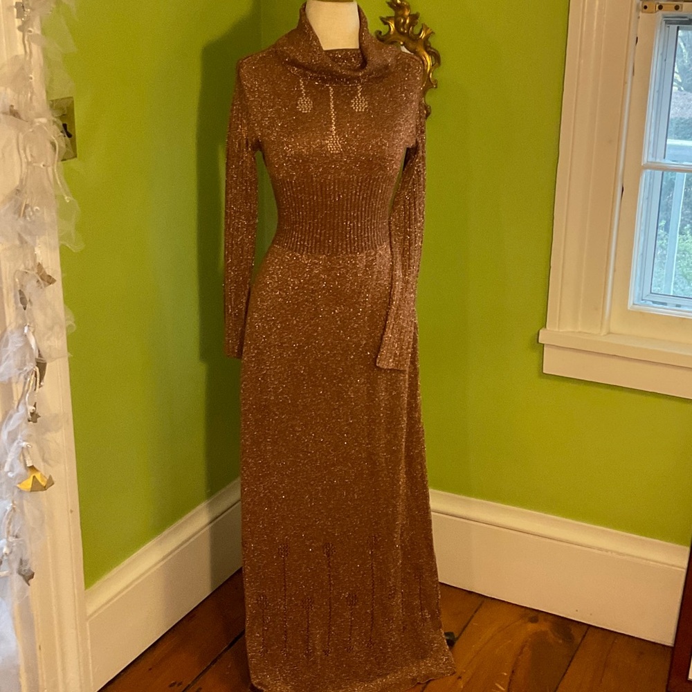 Vintage 70s gold lurex Wenjilli maxi dress with cowl neck